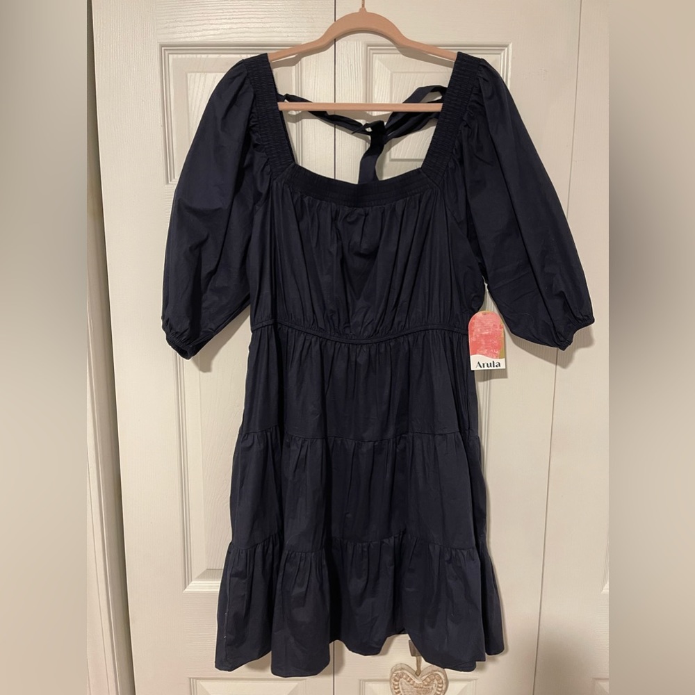 Arula (Altar’d State) navy blue, puff sleeve dress. New with tags